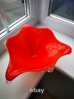 Large Vintage Murano Opalescent Orange, White & Clear Art Glass Bowl C1970's