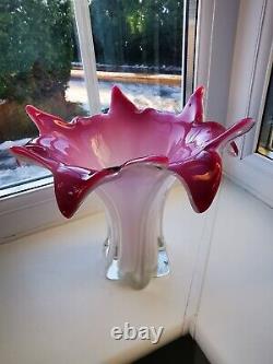 Large Vintage Murano Pink, White & Clear Opalescent Freeform Art Glass Vase
