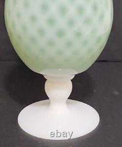 Lime Green Opalescent Diamond Quilted Art Glass Ruffled Top Footed Vase 11 T