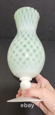 Lime Green Opalescent Diamond Quilted Art Glass Ruffled Top Footed Vase 11 T