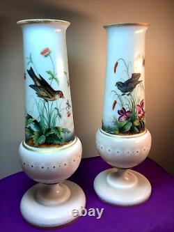 Lot Pair Set ANTIQUE VICTORIAN BRISTOL VASE 12 HAND PAINTED BIRDS OPALINE GLASS