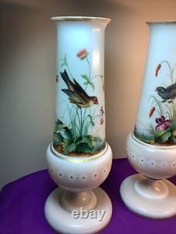 Lot Pair Set ANTIQUE VICTORIAN BRISTOL VASE 12 HAND PAINTED BIRDS OPALINE GLASS