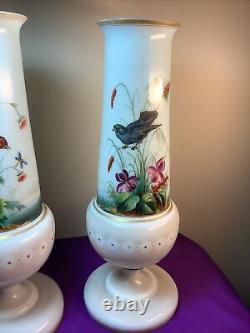 Lot Pair Set ANTIQUE VICTORIAN BRISTOL VASE 12 HAND PAINTED BIRDS OPALINE GLASS