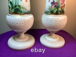 Lot Pair Set ANTIQUE VICTORIAN BRISTOL VASE 12 HAND PAINTED BIRDS OPALINE GLASS