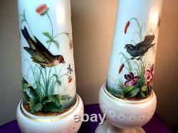 Lot Pair Set ANTIQUE VICTORIAN BRISTOL VASE 12 HAND PAINTED BIRDS OPALINE GLASS