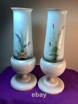 Lot Pair Set ANTIQUE VICTORIAN BRISTOL VASE 12 HAND PAINTED BIRDS OPALINE GLASS