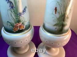 Lot Pair Set ANTIQUE VICTORIAN BRISTOL VASE 12 HAND PAINTED BIRDS OPALINE GLASS