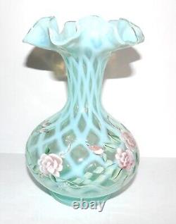 Lovey 1996 Fenton Opaline Hand Painted S. Smith Blush Rose 8 Trellis Vase#217