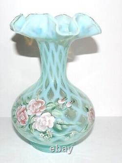 Lovey 1996 Fenton Opaline Hand Painted S. Smith Blush Rose 8 Trellis Vase#217