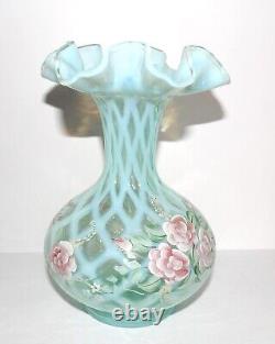 Lovey 1996 Fenton Opaline Hand Painted S. Smith Blush Rose 8 Trellis Vase#217
