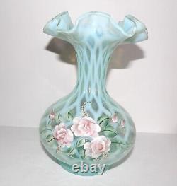 Lovey 1996 Fenton Opaline Hand Painted S. Smith Blush Rose 8 Trellis Vase#217