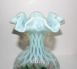 Lovey 1996 Fenton Opaline Hand Painted S. Smith Blush Rose 8 Trellis Vase#217