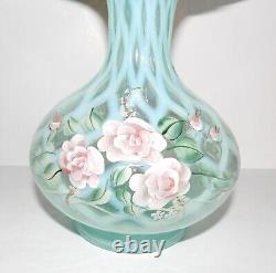 Lovey 1996 Fenton Opaline Hand Painted S. Smith Blush Rose 8 Trellis Vase#217