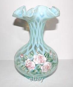 Lovey 1996 Fenton Opaline Hand Painted S. Smith Blush Rose 8 Trellis Vase#217