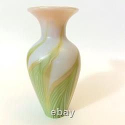 Lundberg Art Glass Vase Studios Pulled Feather Opalescent Gold Green Iridescent