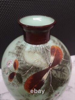 MAT Victorian Green Bristol Glass Vase Hand Painted Flowers Antique Opaline