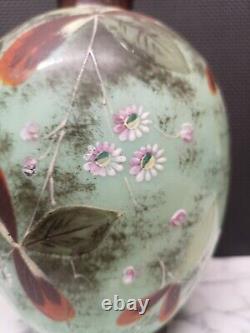 MAT Victorian Green Bristol Glass Vase Hand Painted Flowers Antique Opaline