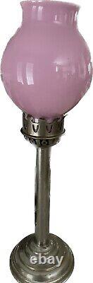 MCM Art Nouveau Pink Opaline Hurricane Glass Shade Candlestick Marked ANTIQUE