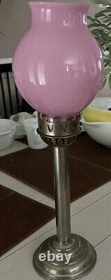 MCM Art Nouveau Pink Opaline Hurricane Glass Shade Candlestick Marked ANTIQUE