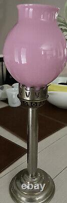 MCM Art Nouveau Pink Opaline Hurricane Glass Shade Candlestick Marked ANTIQUE