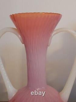 MCM Italian EMPOLI Art Glass OPALINE SWIRL Pink White 2 Handled 13 TROPHY VASE