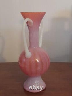 MCM Italian EMPOLI Art Glass OPALINE SWIRL Pink White 2 Handled 13 TROPHY VASE