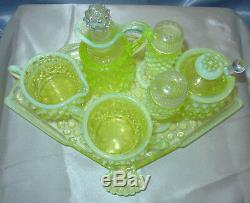 MNTVINTAGE40sFENTON GLASSTOPZVASELINEOPALESCENTHOBNAILCONDIMENT SET+TRAY