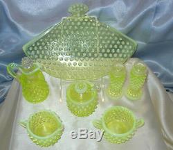 MNTVINTAGE40sFENTON GLASSTOPZVASELINEOPALESCENTHOBNAILCONDIMENT SET+TRAY