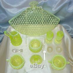 MNTVINTAGE40sFENTON GLASSTOPZVASELINEOPALESCENTHOBNAILCONDIMENT SET+TRAY