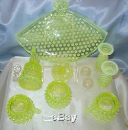 MNTVINTAGE40sFENTON GLASSTOPZVASELINEOPALESCENTHOBNAILCONDIMENT SET+TRAY