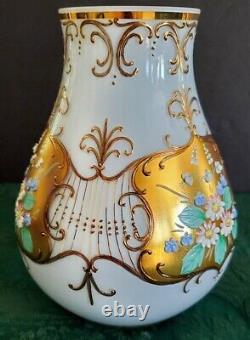 MOSER Rare Opaline Cased Hand Blown 3-d Enameled with 22K Gold Vase, Perfect