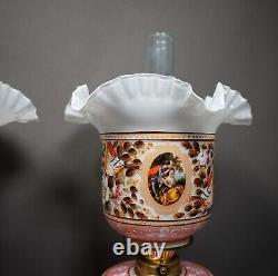 Magnficent Large pair of Vintage Enamel Opaline glass Persian Isfahan oil lamp