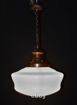 Magnificent art deco industrial Opaline glass & bronze pendant schoolhouse light