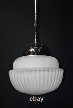 Magnificent art deco industrial Opaline glass & chrome pendant schoolhouse light