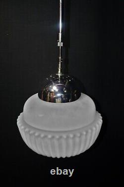 Magnificent art deco industrial Opaline glass & chrome pendant schoolhouse light