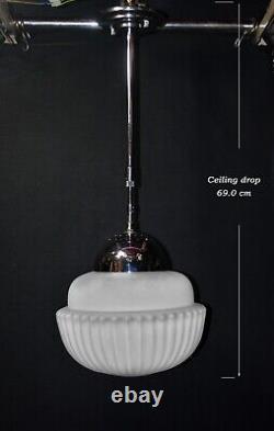 Magnificent art deco industrial Opaline glass & chrome pendant schoolhouse light