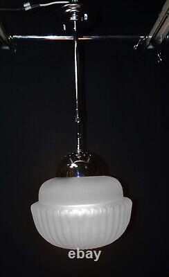 Magnificent art deco industrial Opaline glass & chrome pendant schoolhouse light