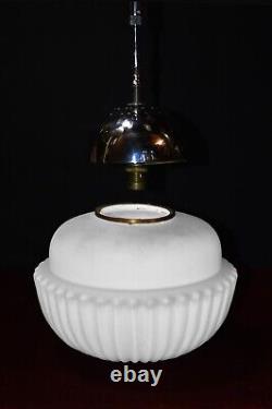 Magnificent art deco industrial Opaline glass & chrome pendant schoolhouse light