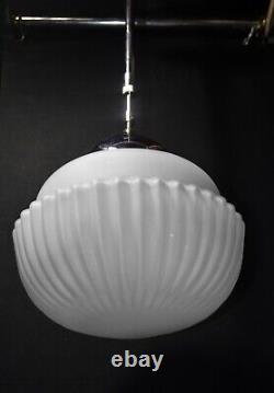 Magnificent art deco industrial Opaline glass & chrome pendant schoolhouse light