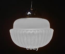 Magnificent art deco industrial Opaline glass & chrome pendant schoolhouse light