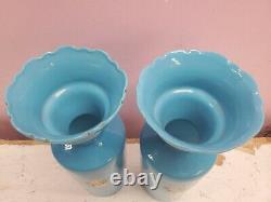 Matching Pair Antique 19th Century French Opaline Art Glass Vase Blue Teal 11