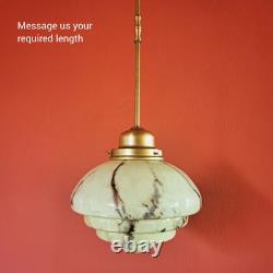 Mid Century Art Deco Cream Opaline Marbled Glass Pendant Light Brass Lighting