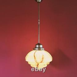 Mid Century Art Deco Cream Opaline Marbled Glass Pendant Light Brass Lighting