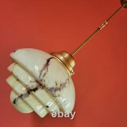 Mid Century Art Deco Cream Opaline Marbled Glass Pendant Light Brass Lighting
