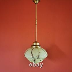 Mid Century Art Deco Cream Opaline Marbled Glass Pendant Light Brass Lighting
