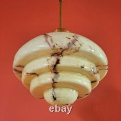Mid Century Art Deco Cream Opaline Marbled Glass Pendant Light Brass Lighting
