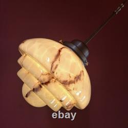Mid Century Art Deco Cream Opaline Marbled Glass Pendant Light Brass Lighting