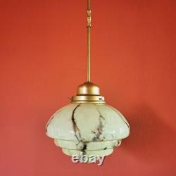 Mid Century Art Deco Cream Opaline Marbled Glass Pendant Light Brass Lighting