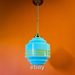 Mid century blue gold art deco brass opaline glass pendant light Bohemia