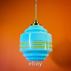 Mid century blue gold art deco brass opaline glass pendant light Bohemia